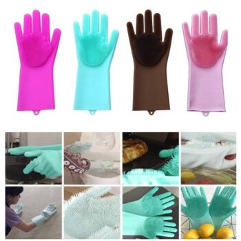 Silicone Scrubbing Gloves, Non-Slip, Dishwashing and Pet Grooming, Magic Latex Gloves for Household Cleaning Great for Protecting Hands in Dishwashing (Multicolor)(1 Pair)