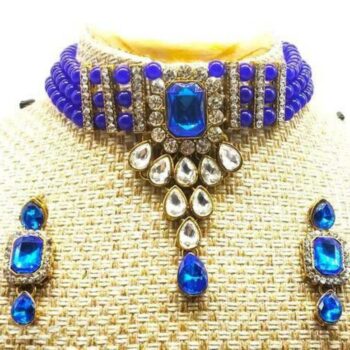Traditional Bead & Stone Choker Necklace Set for Women Blue