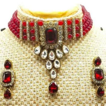 Traditional Bead & Stone Choker Necklace Set for Women Maroon