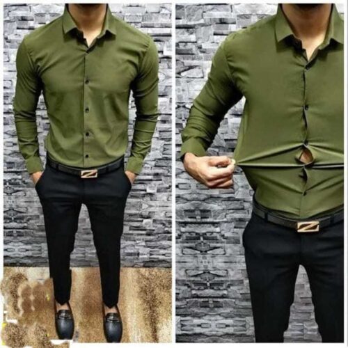 Lycra Stretchable Green Casual Shirt For Men