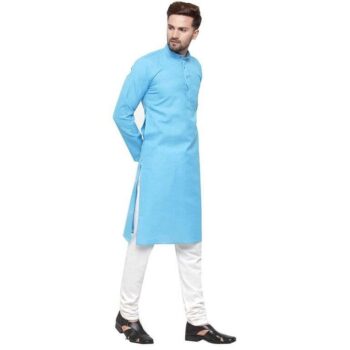 Designer Men's Sky Blue Solid Straight Cotton Kurta Pyjama Set