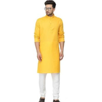 Ethnic Men's Cotton Kurta Pajama Set Yellow