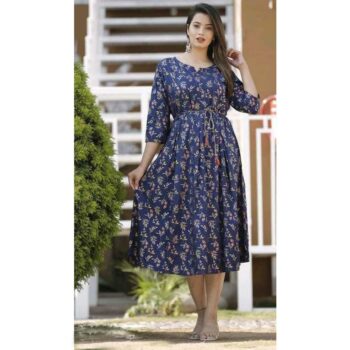 Rayon Pleated Printed Blue Kurti for Women