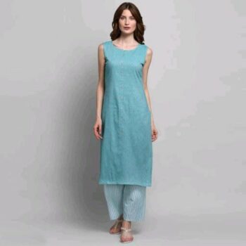 Women Cotton A-line Solid Long Kurti With Palazzos