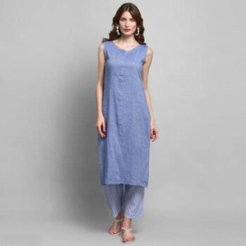 Women Cotton A-line Solid Long Kurti With Palazzos