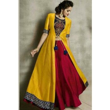Women Rayon Embroidered Crop Top Kurti With Skirt