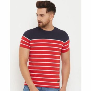 Austin Wood T-shirt For Men Red Striped Half Sleeve Round Neck Tshirt