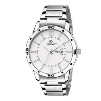 Round Dial Silver Watch for Men with Day and Date Display
