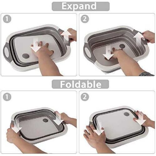Collapsible Cutting Board with Colander Premium 3 in 1 Multifunction Veggies Washing Basket Kitchen Plastic Silicone Dish Tub Foldable Slicing and Chopping Board for Camping BBQ Prep Gray 7