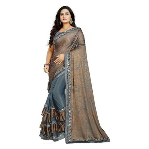 Special Foil Print Lycra Saree With Ruffle Border & Mirror work