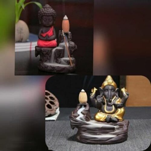 Combo Of Monk Buddha and Ganesha Smoke Fountain with 10 Smoke Backflow Cones