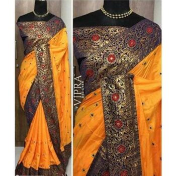 Delicate Embroidered Sanan Silk Saree With Lace Border