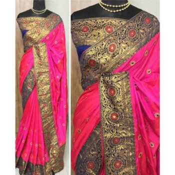 Delicate Embroidered Sanan Silk Saree With Lace Border