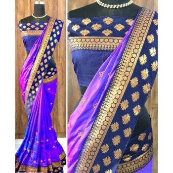 Elegant Embroidered Sanan Silk Saree With Lace Border