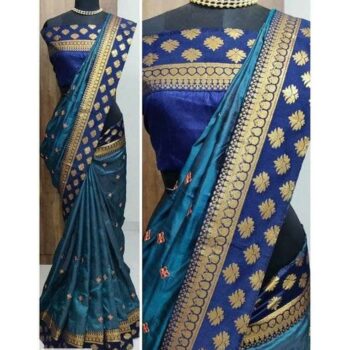 Elegant Embroidered Sanan Silk Saree With Lace Border