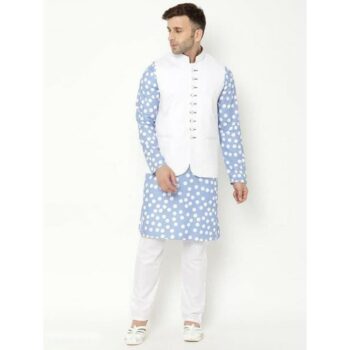Hangup Cotton Printed With Solid Full Sleeves Regular Fit Kurta and Payjama set with Nehru jacket