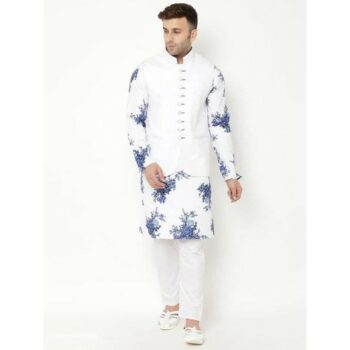 Hangup Cotton Printed With Solid Full Sleeves Regular Fit Kurta and Payjama set with Nehru jacket