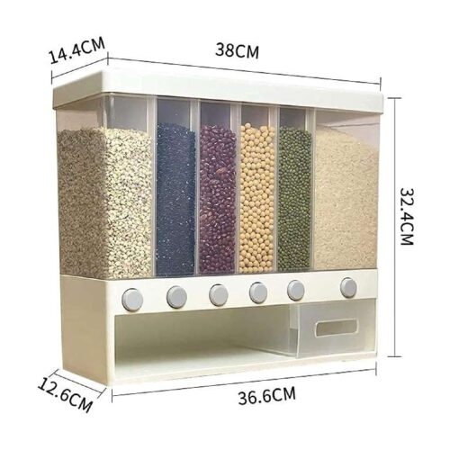 Wall Mounted Cereal Dispenser 6 Grid Dry Food Dispenser Space Saving Storage Containers for Cereal, Rice, Nuts, Candy, Coffee Bean, Snack, Grain