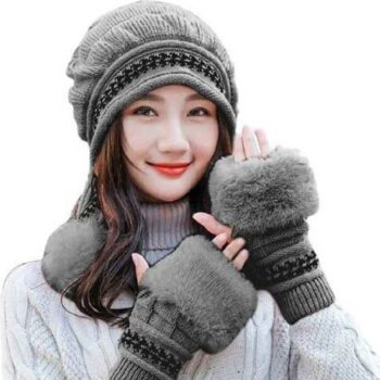 Women's Woolen Solid Trio Pom Pom Cap With Hand Gloves