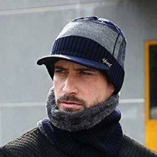 Woollen Fleece Knitted Beanie Winter Cap with Muffler
