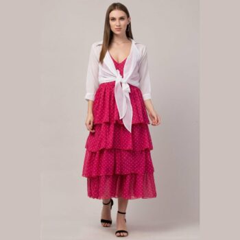 Women's Georgette Polka Dot Mid-Length Dress with Jacket