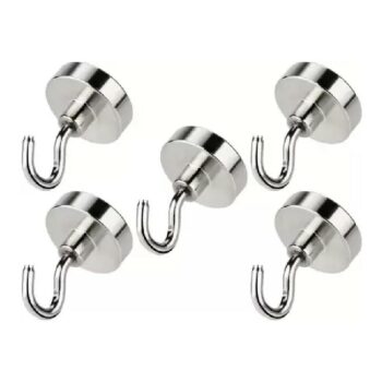Pack of 5 Neodymium Magnetic Hooks - Size 25mm Used for Multi-Purpose Hanging - Lift upto 20 Lbs Fridge Magnet, Multipurpose Office Magnets, Magnetic Paper Holder Pack of 5 (Silver)