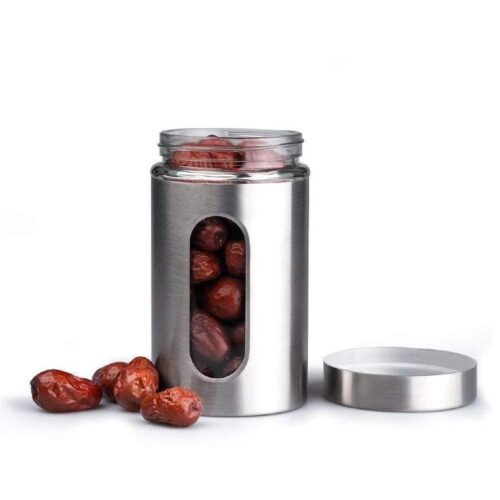 Stainless steel Jar - Glass Window Jar for Kitchen Storage Kitchen 600 ml (Pack of 3)