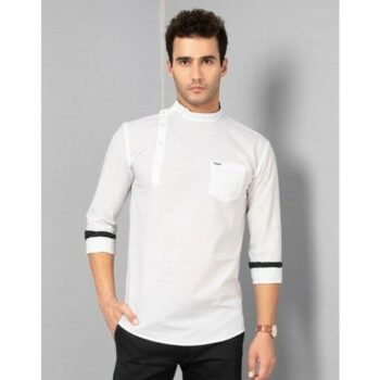 Cotton Solid Full Sleeves Regular Fit Men's Short Kurta (White)