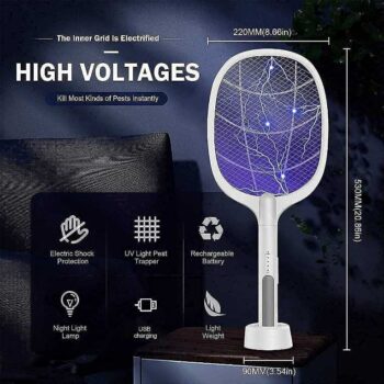 Mosquito Killer Racket Rechargeable Handheld Electric Fly Swatter Mosquito Killer Racket Bat with UV Light Lamp Racket USB Charging Base, Electric- Insect Killer