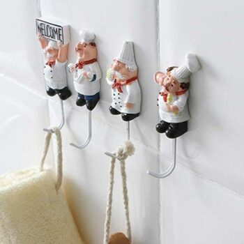 Cartoon Hooks - Chef Sticky Hook Clothes Coat Hat Hanger Kitchen Bathroom Rustproof Towel Hooks (Pack of 4)