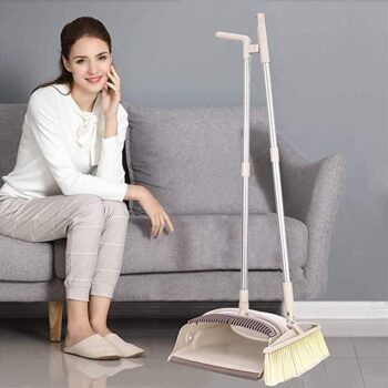 Dust Pan & Broom set-Stand Up Broom Head And Dust Pan Combo, Remove Hair With Built-In Wisp Scraper