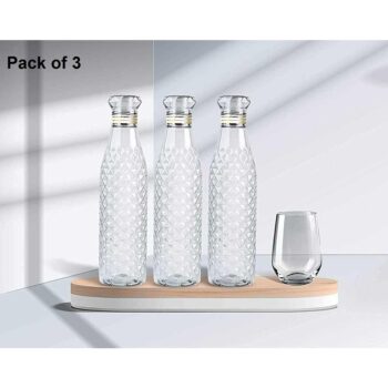 Plastic-Fridge-Water-Bottle-Set-Of-3-Crystal-Diamond-Texture-Design-1000-ml-Bottle-With-Drinking-Glass-Pack-of-3-Clear-