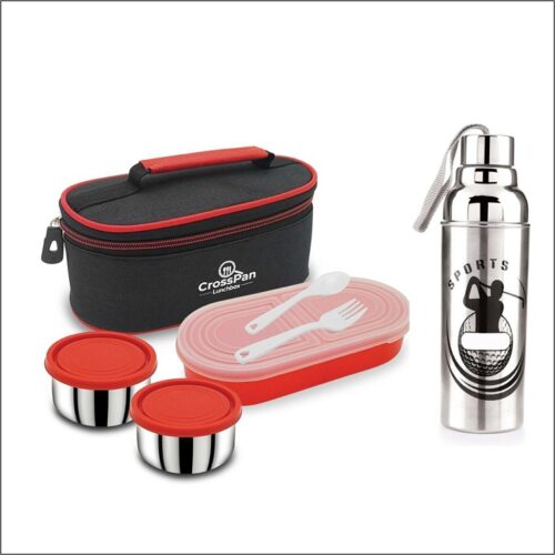 Double Decker Executive Stainless Steel Lunch Box, Tiffin Box, Pack 3 Containers (Red) + Sleek Water Bottle (600ml) 3 Containers Lunch Box (1000 ml)