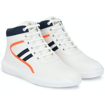 Men White & Navy Blue Striped Mid-Top Sneakers