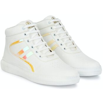 Men White & Pink Striped Mid-Top Sneakers