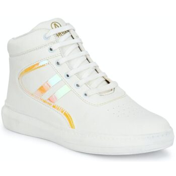 Men White & Pink Striped Mid-Top Sneakers