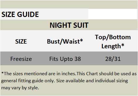 Women's Satin Night Suit Size Chart