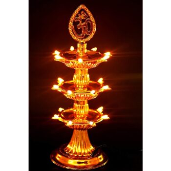 Indian Electrical Plastic Double Layer LED Golden OM Design Electric Diya Decorative Lamp for Temple Decoration - 21 LED Diya