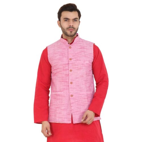 Khadi Cotton Textured Kurta Pajama with Nehru Jacket 1 2