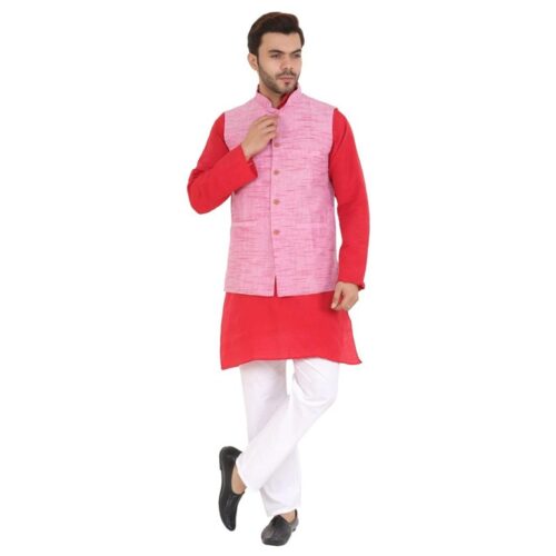 Khadi Cotton Textured Kurta Pajama with Nehru Jacket