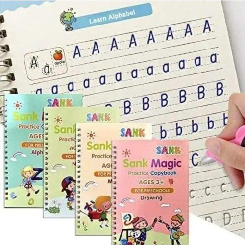 Magic Practice Book - Magic Calligraphy Copybook Set Reusable Writing Tool Simply Hand Lettering (4 Book + 10 Refill+1 Pen+1 Grip)