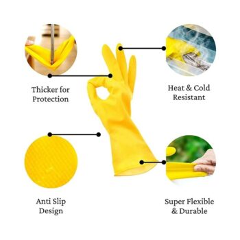 Reusable Natural Latex Rubber Dish Washing Gloves (Large, 1 Pair, Flockline Yellow)