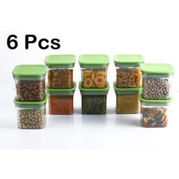 Air Tight Transparent Unbreakable Kitchen Container BPA Free Organiser & Storage Stackable Canisters, Jars for Food, Square 600 ml (Set of 6, Green)