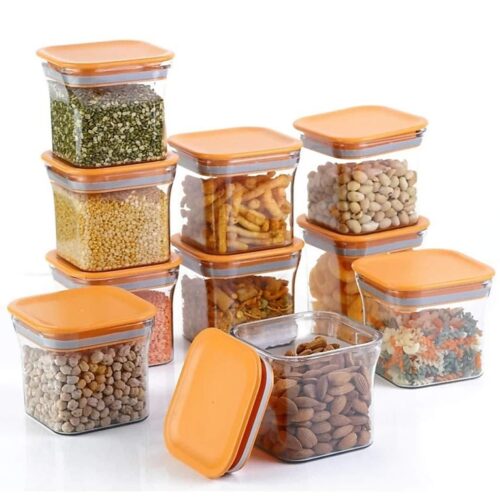Air Tight Transparent Unbreakable Kitchen Container BPA Free Organiser & Storage Stackable Canisters, Jars for Food, Square 600 ml (Set of 6, Orange)