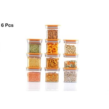 Air Tight Transparent Unbreakable Kitchen Container BPA Free Organiser & Storage Stackable Canisters, Jars for Food, Square 600 ml (Set of 6, Orange)