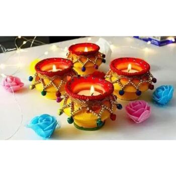 Traditional Earthen Clay Mitti Diya, Kalash, Matki Shape Candle (Multicolor, Pack of 4)
