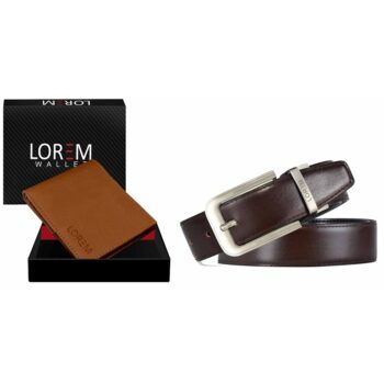 LOREM Black-Brown Reversible Belt & Tan Bi Fold Faux Leather Wallet Combo For Men