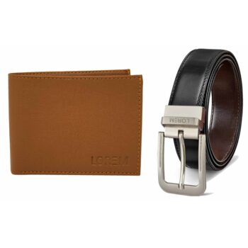 LOREM Black-Brown Reversible Belt & Tan Bi Fold Faux Leather Wallet Combo For Men
