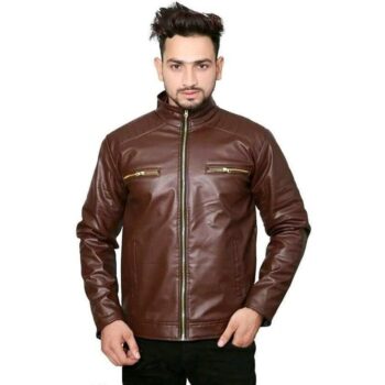 Solid PU Leather Men Jacket - Brown