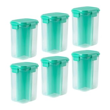 Plastic 1500 ml 4 Grid Airtight Lid, Transparent Plastic Food Storage Container Jar for Grocery, Fridge Container, Suitable for Kitchen Cereal, Flour, Sugar, Coffee, Rice Set of 6 ,Green